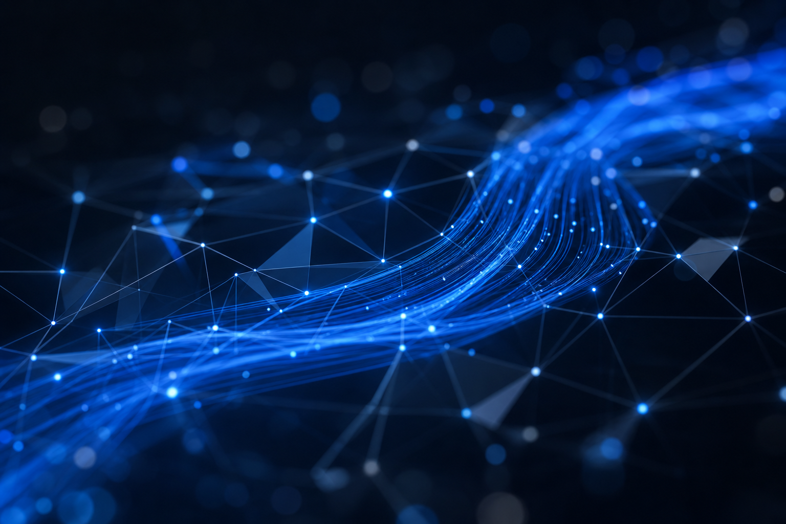 Abstract blue light streams through a dark network mesh, representing email authentication paths.