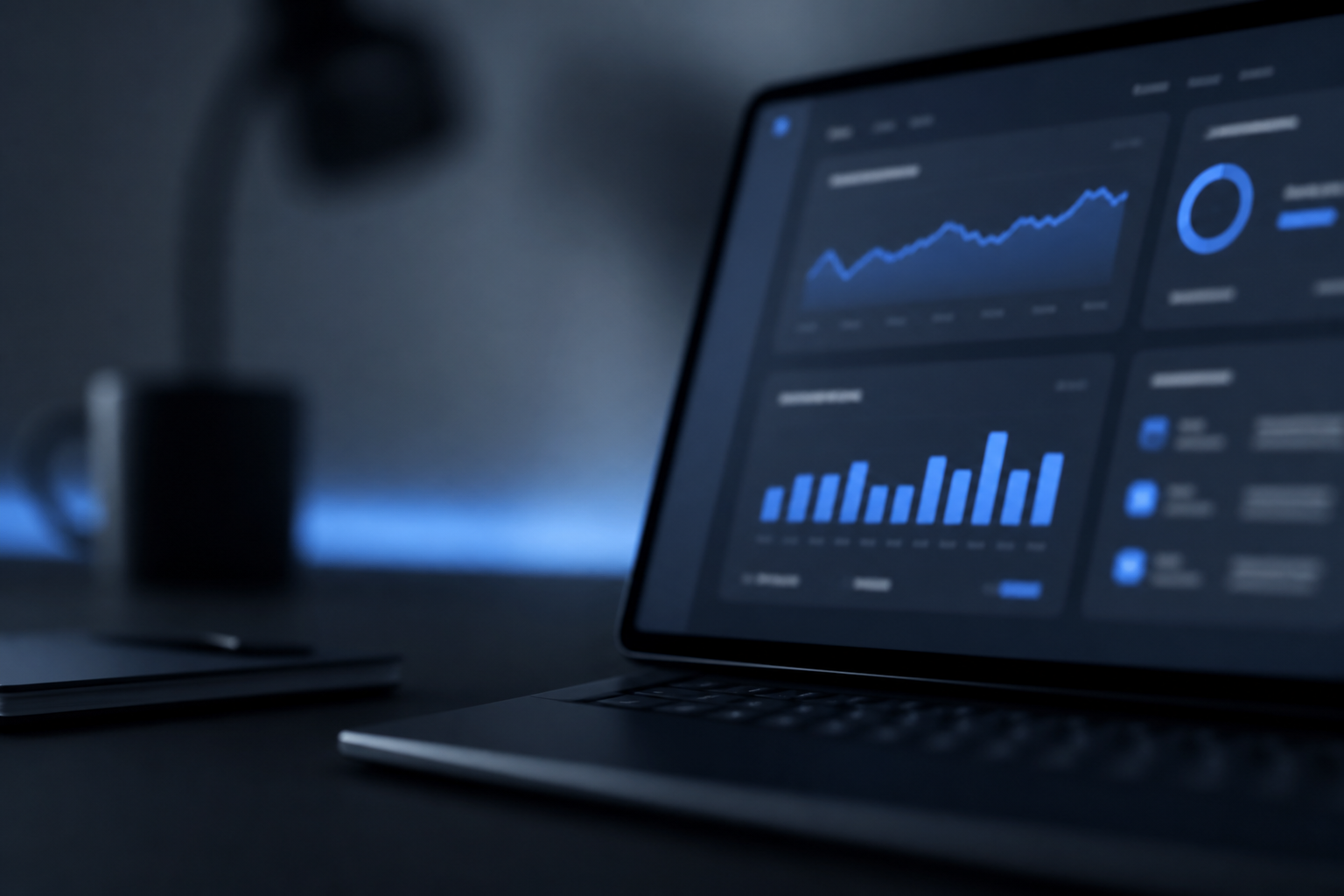 Soft-focus laptop with abstract performance charts and blue glow, representing WordPress performance work.
