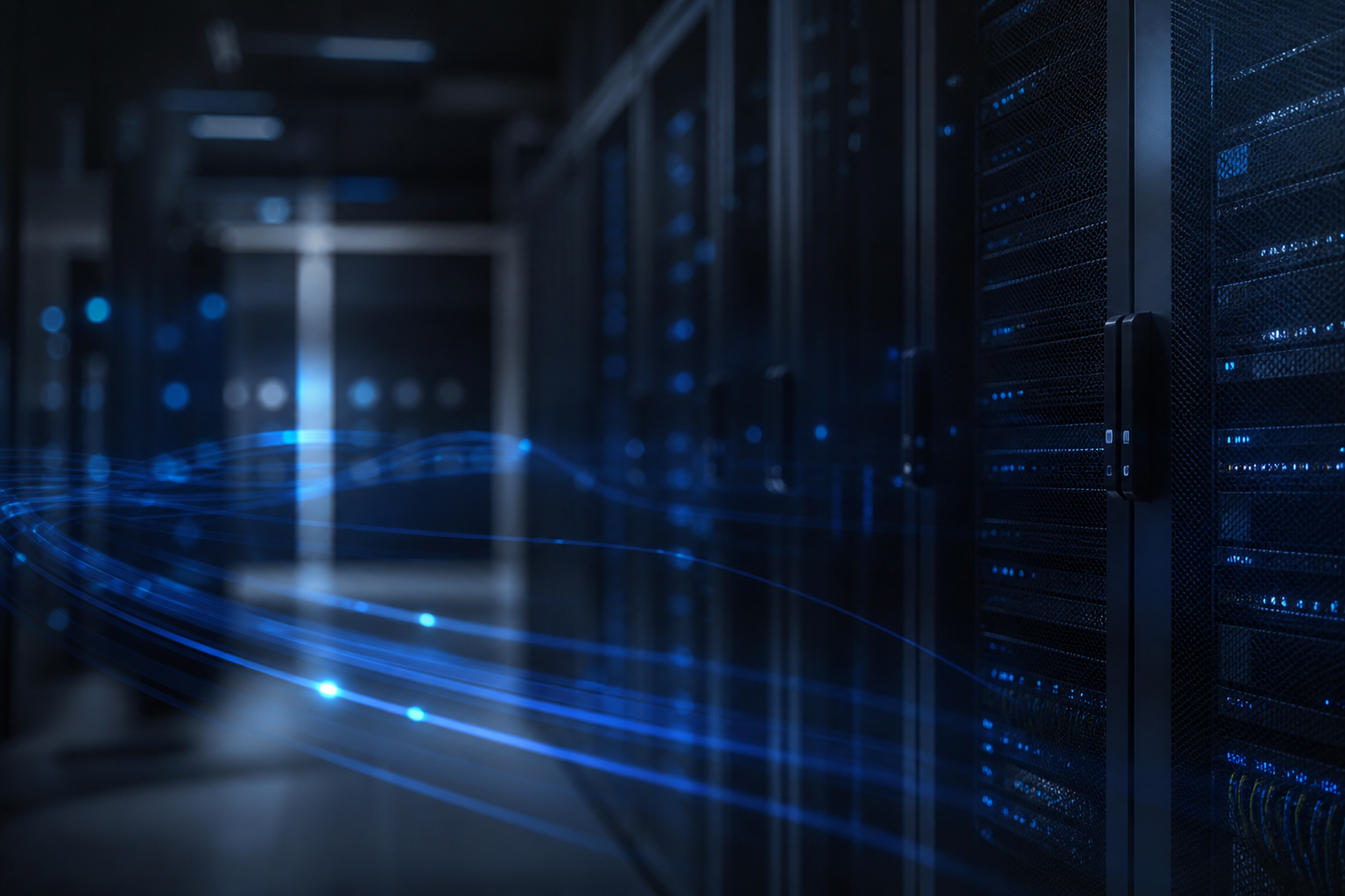 Abstract data-center aisle with blue network lighting, representing hosting infrastructure.